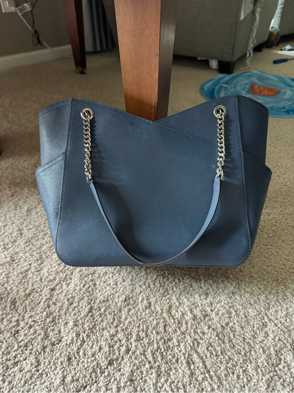 Michael Kors Navy Saffiano Tote with Silver Chain Accents